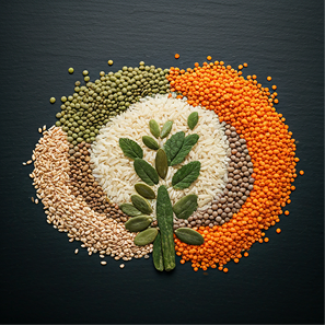 Organic lentils and seeds arranged in rustic wooden bowls